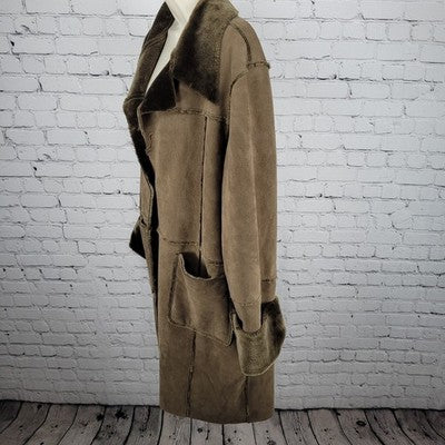 Blanc Noir Brown Suede Like Faux Fur Buttoned Collared Cuffed Long Coat Size XL