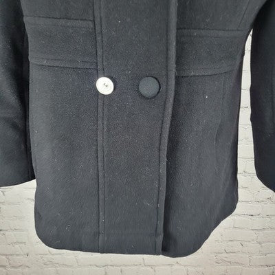 Larry Levine Black Wool & Cashmere Rex Rabbit Fur Collar Pea Coat Size Small S
