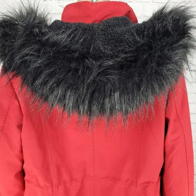 DKNY Red Faux Fur Trim Removable Hood Insulated Full Zip Jacket Medium M