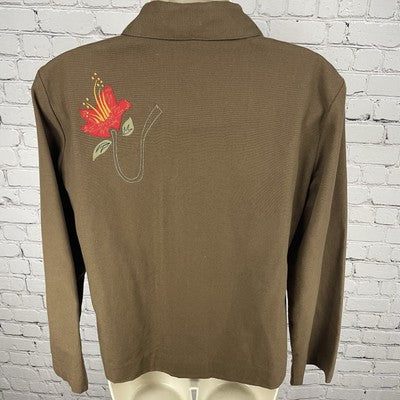 Hearts Of Palm Brown Floral Embroidered Buttoned Lightweight Jacket Size 8