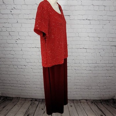 VTG Kathie Lee Cranberry Red Sequin Velvet Short Sleeve Long Dress Large L