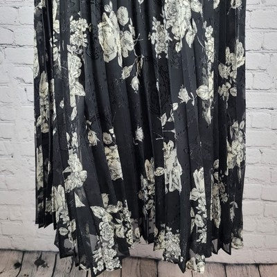 Mila Mae Black Cream Floral Puff Sleeve Collared Pleated Buttoned Midi Dress XS