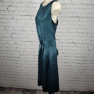 VTG Talbots Green Satin Sleeveless Pleated Tie Back Lined A Line Midi Dress 6