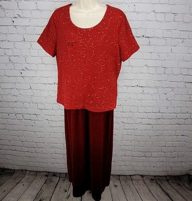 VTG Kathie Lee Cranberry Red Sequin Velvet Short Sleeve Long Dress Large L