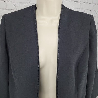 VTG Karen Miller Black Open Beaded Trim Collarless Lined Suit Jacket Size 8