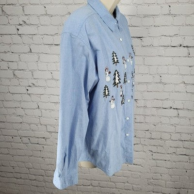 VTG Falls Creek Blue Snowman Embroidered Button Up Long Sleeve Shirt Top Medium