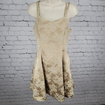 VTG Nite Kraze Gold Metallic Satin Floral Strappy Fit & Flare Short Dress 7/8