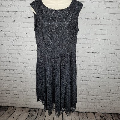 Tahari Black Sheer Glitter Overlay Sleeveless Fit & Flare Midi Dress Size 12