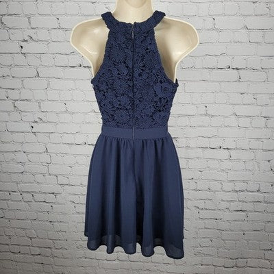 Lulus Navy Navy Blue Floral Crochet Lace Halter Lined A-Line Short Dress XS