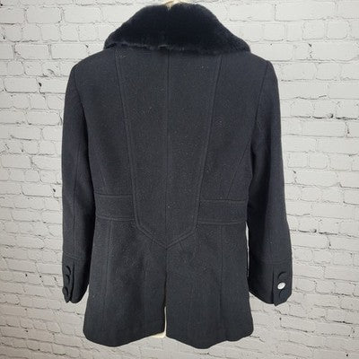 Larry Levine Black Wool & Cashmere Rex Rabbit Fur Collar Pea Coat Size Small S