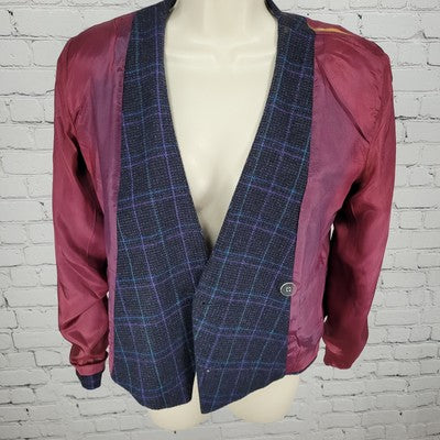VTG Club 5' 4" Black & Purple Check Double Breasted Suit Jacket USA Made Size 4P
