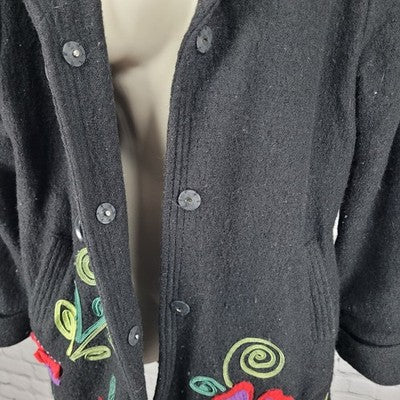 Carson Black 100% Wool Floral Applique Snap Closure Pockets Lined Coat Large L