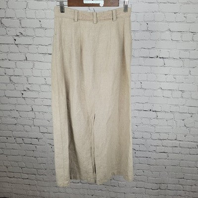 VTG British Khaki Beige 100% Linen Unlined Back Slit Pockets A Line Skirt Size 4