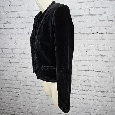 VTG The Villager Black Velvet Open Lined Intricate Trim Goth Collarless Jacket 4