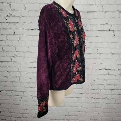 Coldwater Creek Purple Velvet Floral Embroidered Full Zip Jacket Small S