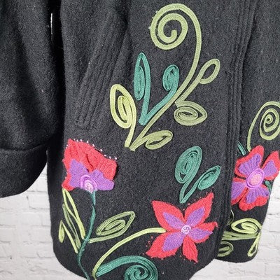 Carson Black 100% Wool Floral Applique Snap Closure Pockets Lined Coat Large L