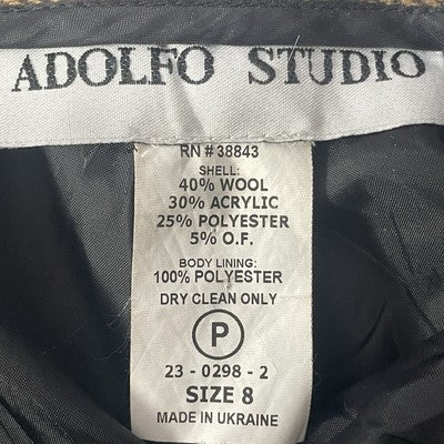 VTG Adolfo Studio Brown Wool Blend Back Slit Lined Zip Closure Skirt Size 8