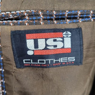 VTG USI Brown Blue 2 Button Double Vented Notch Blazer Retro Sport Coat USA 40