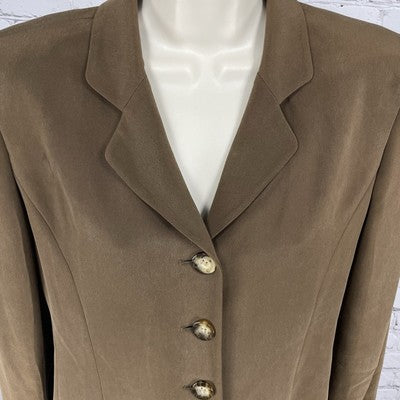 VTG Rena Rowan Brown 100% Silk Lightweight Lined Buttoned Pockets Jacket Size 6P