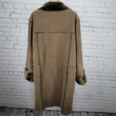 Blanc Noir Brown Suede Like Faux Fur Buttoned Collared Cuffed Long Coat Size XL