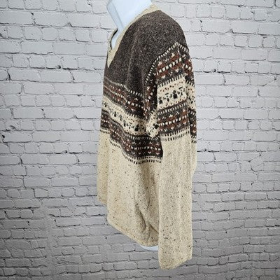 VTG Arizona Jean Co Brown Wool Blend Knit Fair Isle Pullover V Neck Sweater M