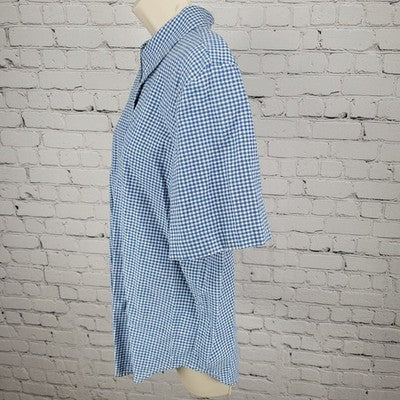 VTG On The Verge Blue Check Button Up Short Sleeve Shirt Top USA Made Size Large