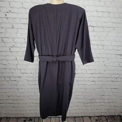 VTG Positive Influence Black Wool Blend Gold Buttoned Belted Midi Dress USA 16W