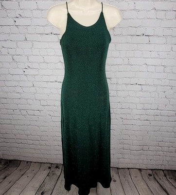 VTG Susan Roselli Vijack Dark Green Glitter Strappy Maxi Dress USA Made Size 4