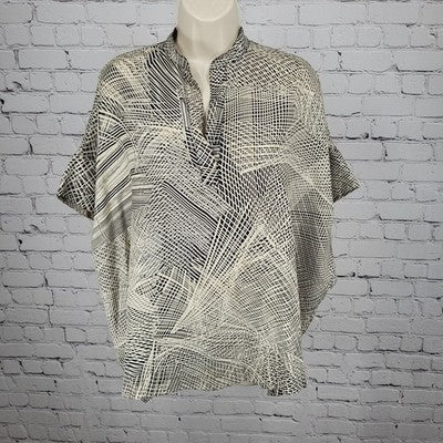 Josie Natori Beige Black 100% Silk Boxy Oversized Short Sleeve Top Blouse XS