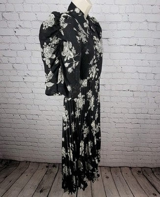 Mila Mae Black Cream Floral Puff Sleeve Collared Pleated Buttoned Midi Dress XS