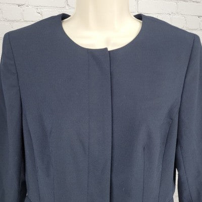 Ann Taylor Navy Stretch Buttoned 3/4 Sleeve Collarless Suit Jacket Blazer 8