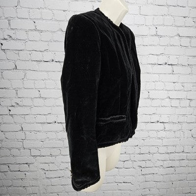 VTG The Villager Black Velvet Open Lined Intricate Trim Goth Collarless Jacket 4