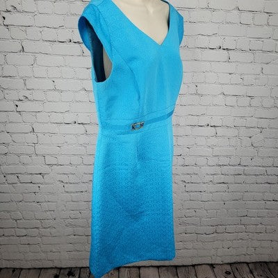 Tahari Blue Cap Short Sleeve Gold Accents Lined Back Slit Sheath Dress Size 14