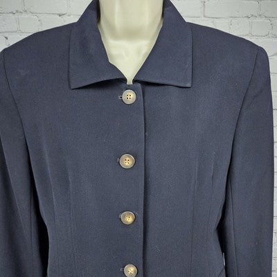 VTG Jones New York Navy 100% Wool Full Skirt Jacket Suit 2 Piece Set USA 8/10