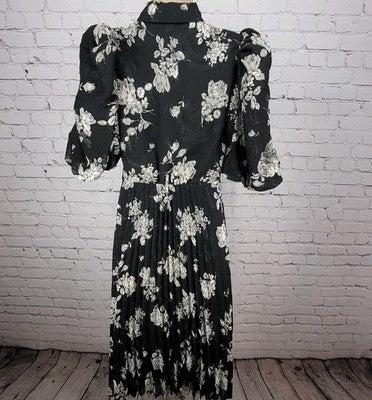 Mila Mae Black Cream Floral Puff Sleeve Collared Pleated Buttoned Midi Dress XS