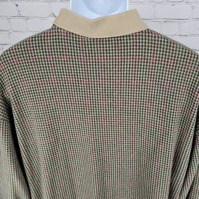 Sun River Green & Tan Houndstooth Cotton Long Sleeve Polo Shirt Size Large L