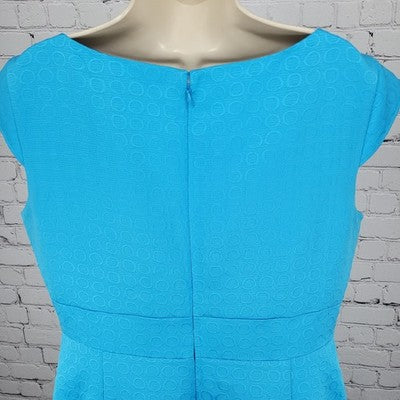 Tahari Blue Cap Short Sleeve Gold Accents Lined Back Slit Sheath Dress Size 14