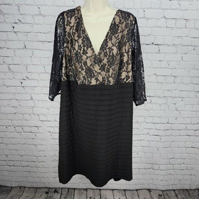 Adrianna Papell Black Lace Overlay Sheer 3/4 Sleeve V Neck Tiered Midi Dress 24W