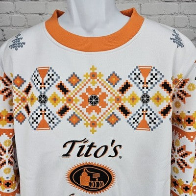 Tito's Vodka White Orange Pixel Print Embroidered Logo Pullover Sweatshirt XL