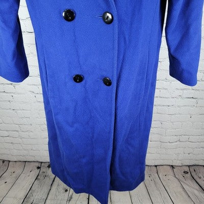 VTG KAREN Blue 100% Wool Puff Sleeve Heavyweight Lined Pea Coat USA Made Size 6