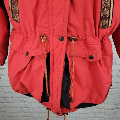 VTG Skiing Passport Retro Red Insulated Hooded Zip Pockets Jacket Size Medium M