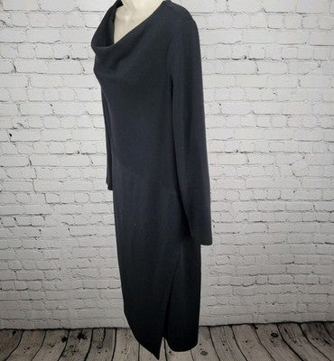 Lafayette 148 Black 100% Wool Long Sleeve Cowl Neck Side Slit Dress Size 12