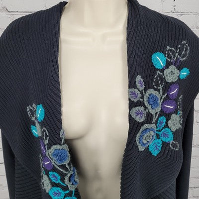 Freelance Black 100% Cotton Floral Embroidery Open Shawl Cardigan Size Large L