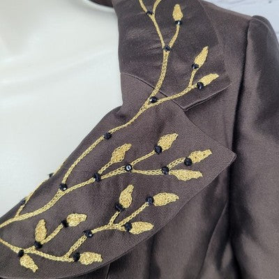 Jodi Brown Wool Silk Blend Gold Embroidered 3/4 Sleeve Buttoned Jacket Size 4