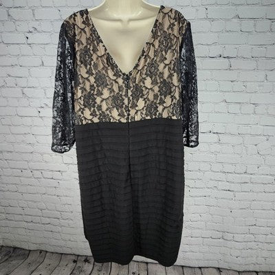 Adrianna Papell Black Lace Overlay Sheer 3/4 Sleeve V Neck Tiered Midi Dress 24W