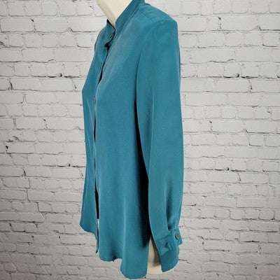 Jacqueline Ferrar Blue 100% Silk Button Up Long Sleeve Shirt Blouse Top XS