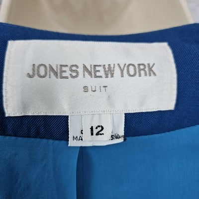 VTG Jones New York Suit Blue 100% Pure Wool 3 Button Collarless Jacket USA 12