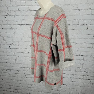 Tahari Grey Red Check 3/4 Cuffed Short Sleeve Pullover Lightweight Sweater 1X