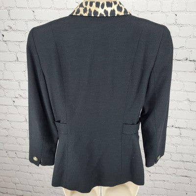VTG Jones New York Black Worsted Wool Leopard Trim Suit Jacket USA Petite 6P
