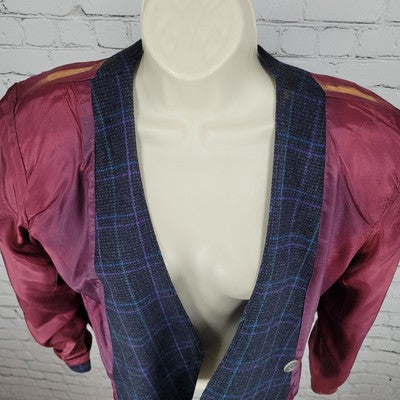 VTG Club 5' 4" Black & Purple Check Double Breasted Suit Jacket USA Made Size 4P